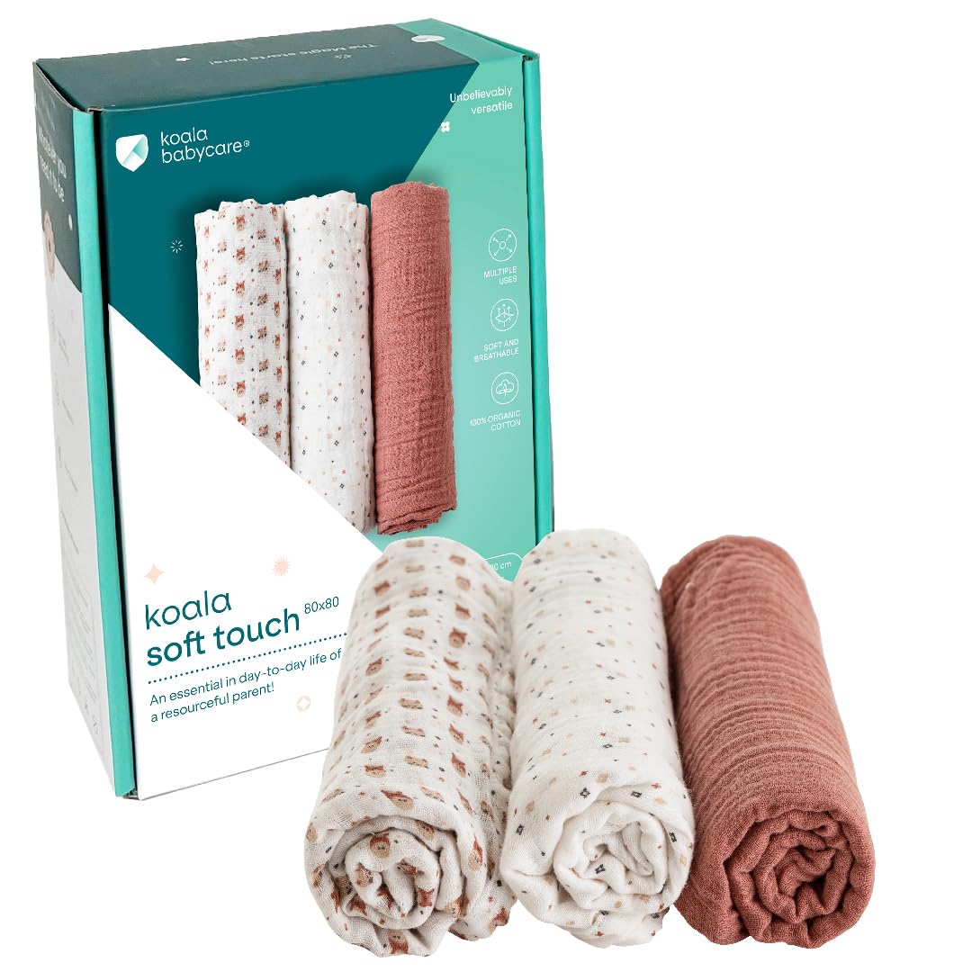 Koala Babycare - Mussole Neonato Cotone 100% - 3 Pz 80x80cm - Ideale come Regalo Neonati - Rosso Terra