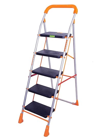 FLIPZON Foldable 5 Steps Ladder | Heavy Duty Ladder with Anti-Skid Shoes, Wide Steps - (Orange, Silver, Black)