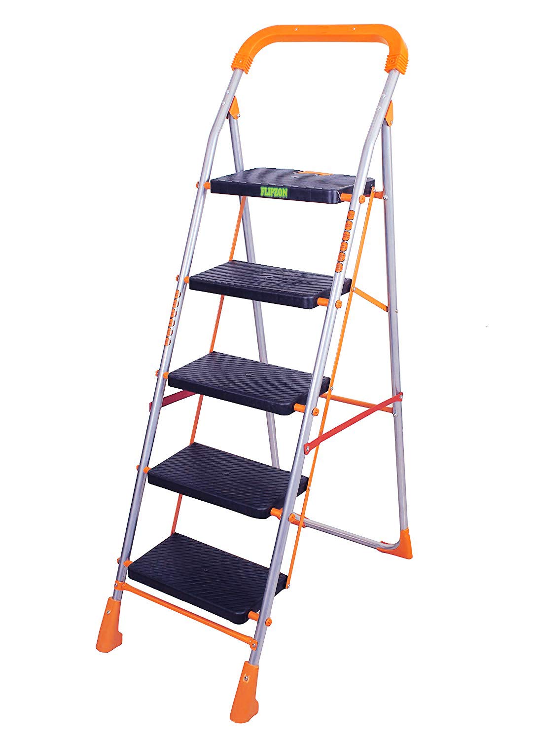 FLIPZON Foldable 5 Steps Iron Ladder | Heavy Duty Ladder with Anti-Skid Shoes, Wide Steps - (Orange, Silver, Black) (B083VXNT91) Amazon Price History, Amazon Price Tracker