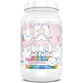 RYSE Loaded Protein Powder - Jet-Puffed Birthday Cake - 25g Whey Protein Isolate & Concentrate with Prebiotic Fiber & MCTs - Low Carb, Low Sugar, Digestive-Friendly - 27 Servings / 2 lb Tub