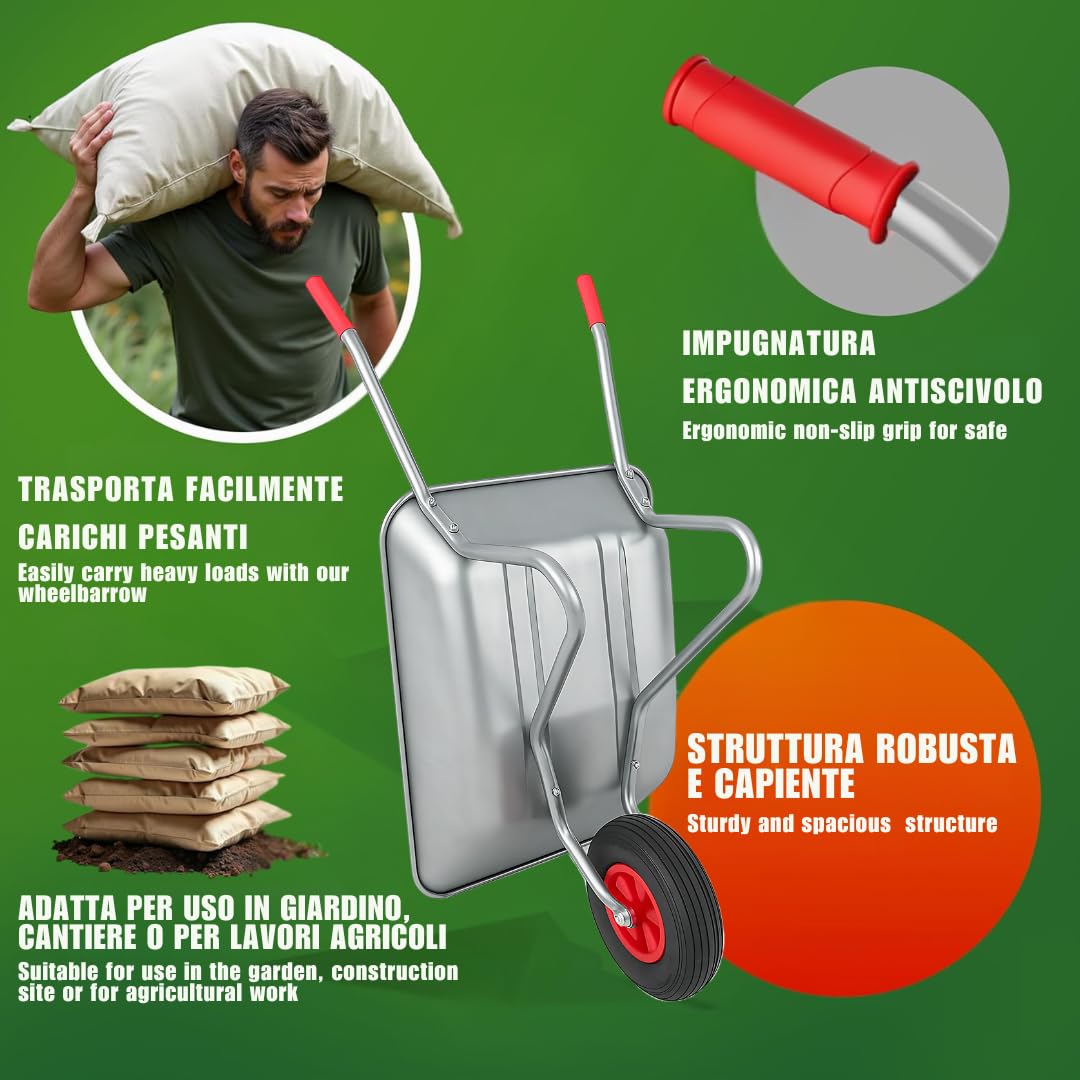 Carriola da Giardino 65L – Telaio in Acciaio Zincato, Ruota Pneumatica 4.00-6 Camera d’Aria, Portata 80kg – Ideale per Giardino,stalla,Cantiere