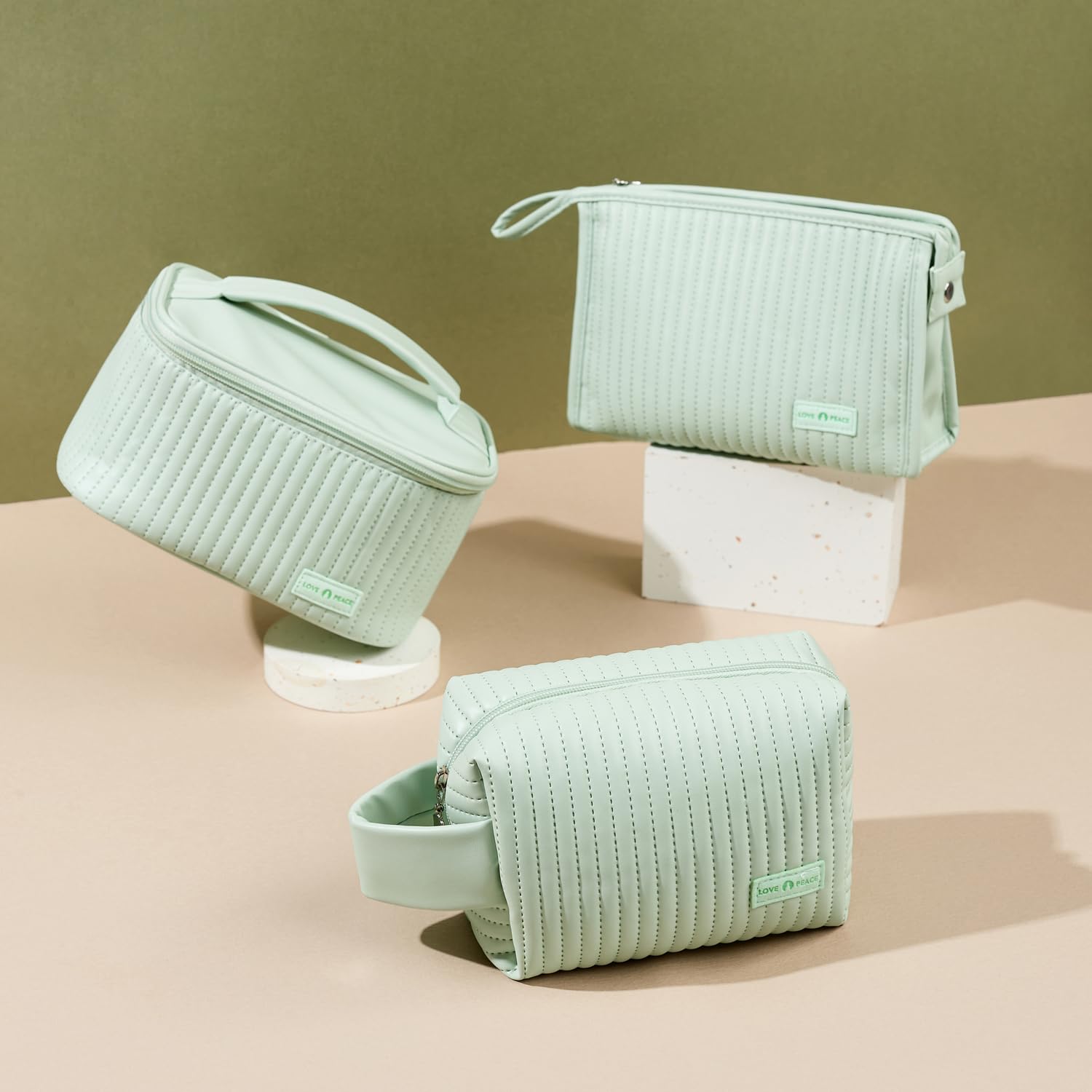 Makeup Bag Set of 3 Cute Cosmetic Travel Bag Organizer Pouch Set for Women PU Leather Waterproof Toiletry Bag 3 Piece Set, Green 2 Makeup Bag Set of 3 Cute Cosmetic Travel Bag Organizer Pouch Set for Women PU Leather Waterproof Toiletry Bag 3 Piece Set, Green