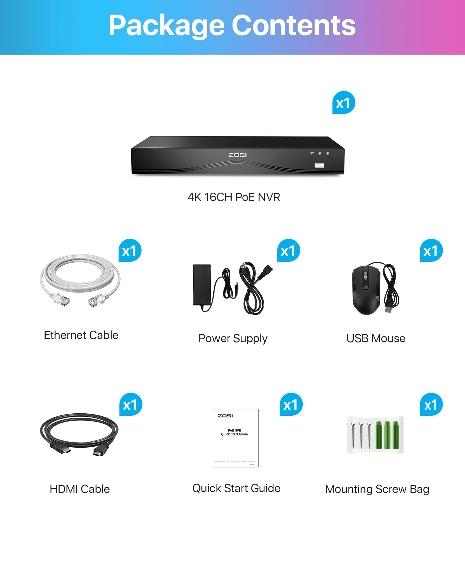ZOSI 4K 16CH PoE NVR Videoüberwachungsrekorder ohne Festplatte, Unterstützt 2MP/5MP/8MP IP Kameras, Nur kompatibel mit PoE Kameras derselben Marke, H.265+, Smart Fernzugriff