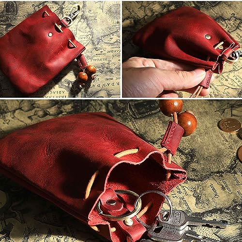 1Pcs Leather Vintage Drawstring Coin Purse,Retro Nordic Portable Coin Purse Medieval Belt Pouch Mini Pouch Coin Organizer Drawstring Small Hanging Bag Key Bag for Men and Women (Red)4