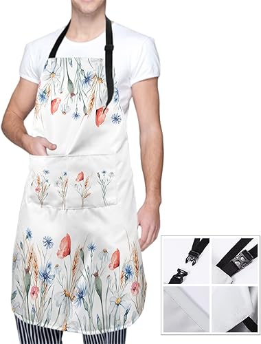 Miniatura 10 de Delantal floral de acuarela para mujer con 2 bolsillos, colorido arte floral, delantal impermeable, 28 x 33 pulgadas