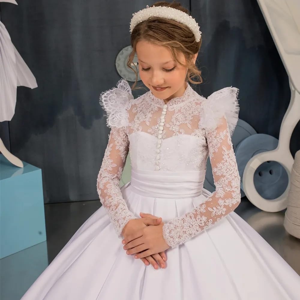 Abito da Prima Comunione in Pizzo Bianco per Ragazze Maniche Lunghe Raso Fiore Ragazze Vestito Princip