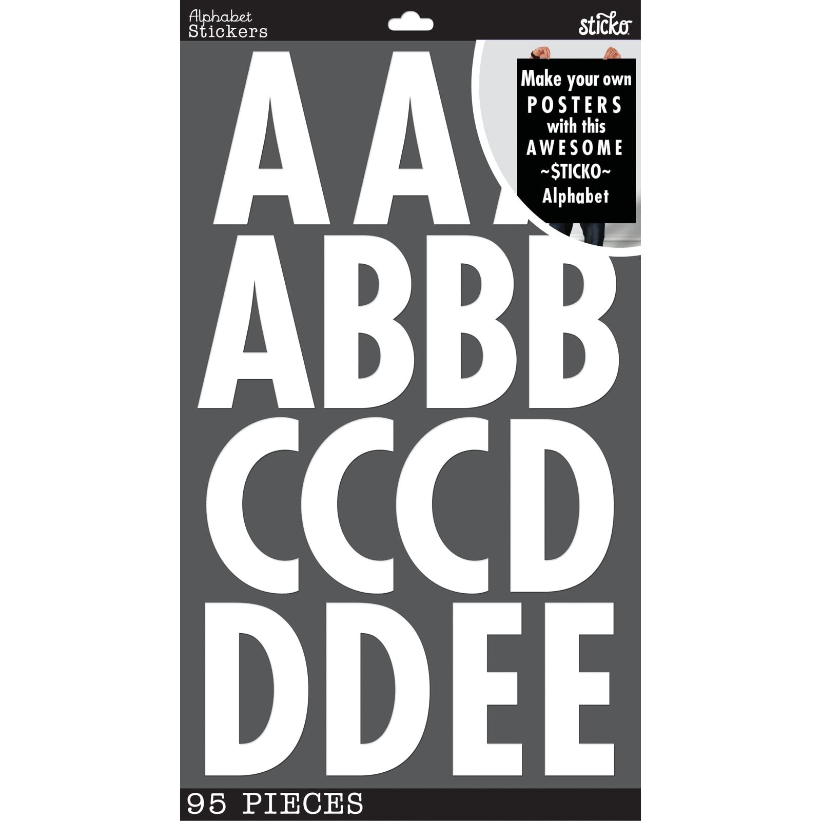 Sticko Alphabet Stickers grand format blanc pour lisibilité parfaite sur affiche