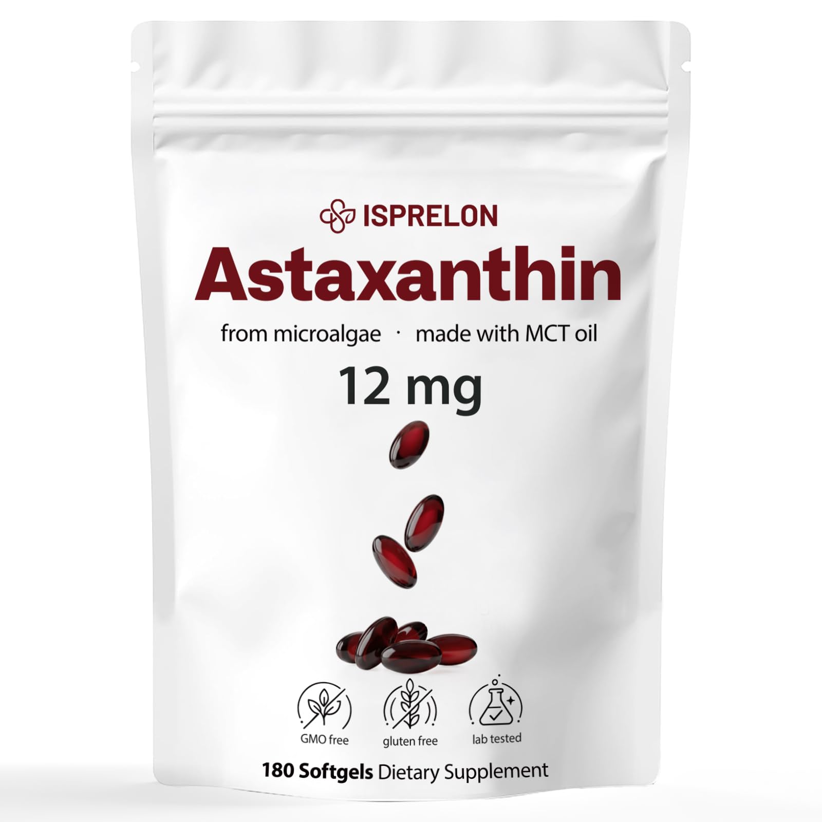 Astaxanthin 12mg with MCT Oil - Value Size 180 Softgels, 6 Month Supply, Astaxanthin Supplements, Organic Antioxidant from Natural Microalgae, Support for Skin, Joint & Eye Health, Non-GMO 180 Count (Pack of 1)