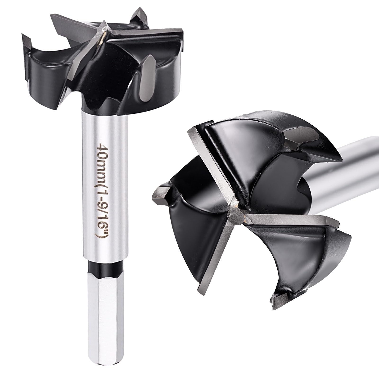 DTGN 40mm Forstner Drill Bit 1-9/16" - 1Pack - Good for Wood Plastic Plywood - 3 Flutes Tungsten Carbide Woodworking Hole Saw Cutter with Hex Shank - Black