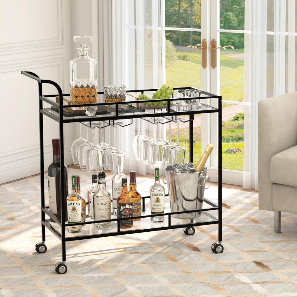 Black Bar Cart, Home Bar Serving Cart with Handle, Wine Cart with 3-Tier Glass Shelves, Beverage Cart with Wine Rack and Glass Holder, Bar Carts for The Home, Dining Room