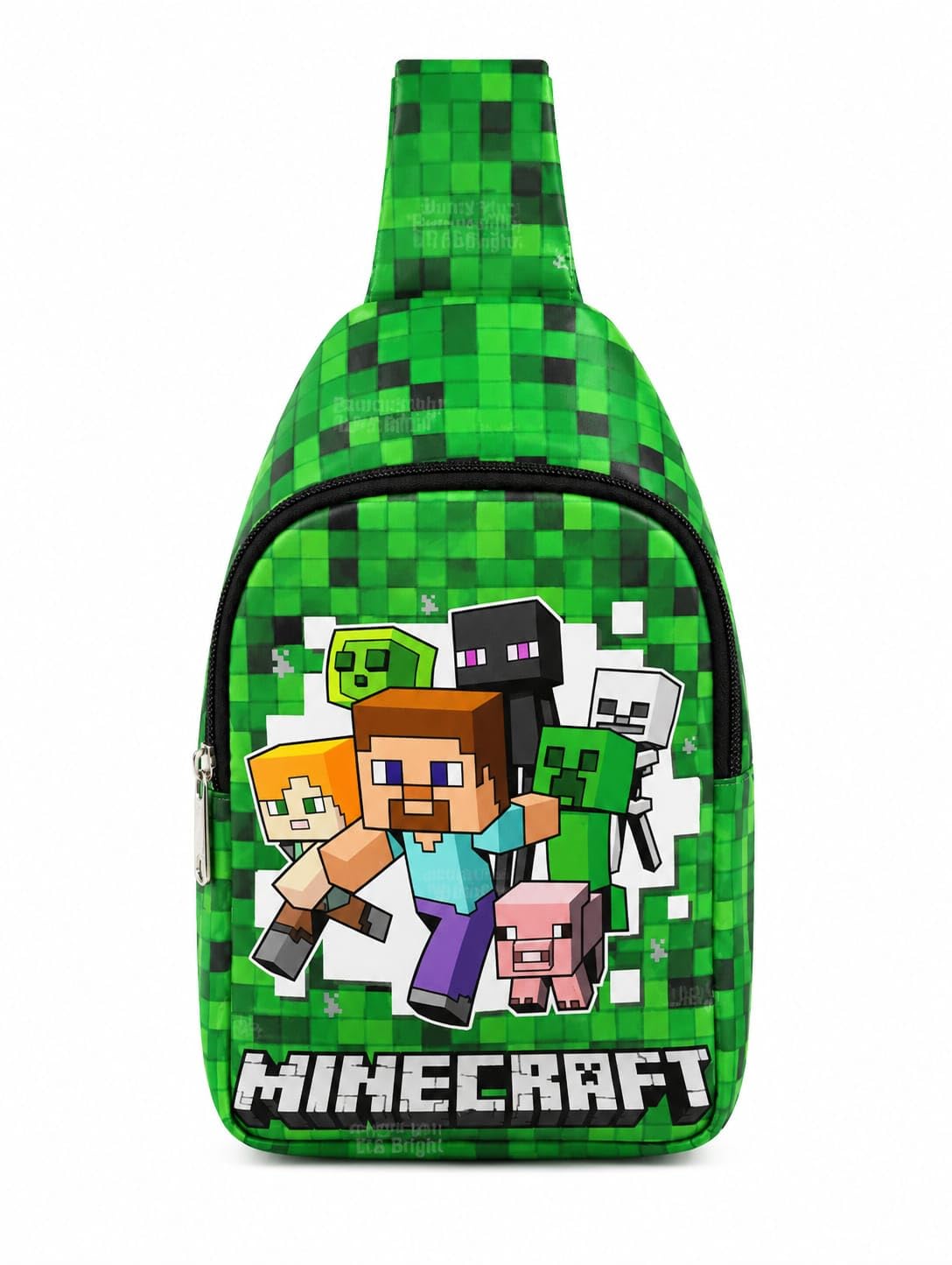 prezzie villa Kids Pixel Block Theme Sling Backpack | Cartoon Adventure Single Shoulder Crossbody Bag | Lightweight Zipper Bag for Preschool, Travel & Daily Use | Green-picture-16