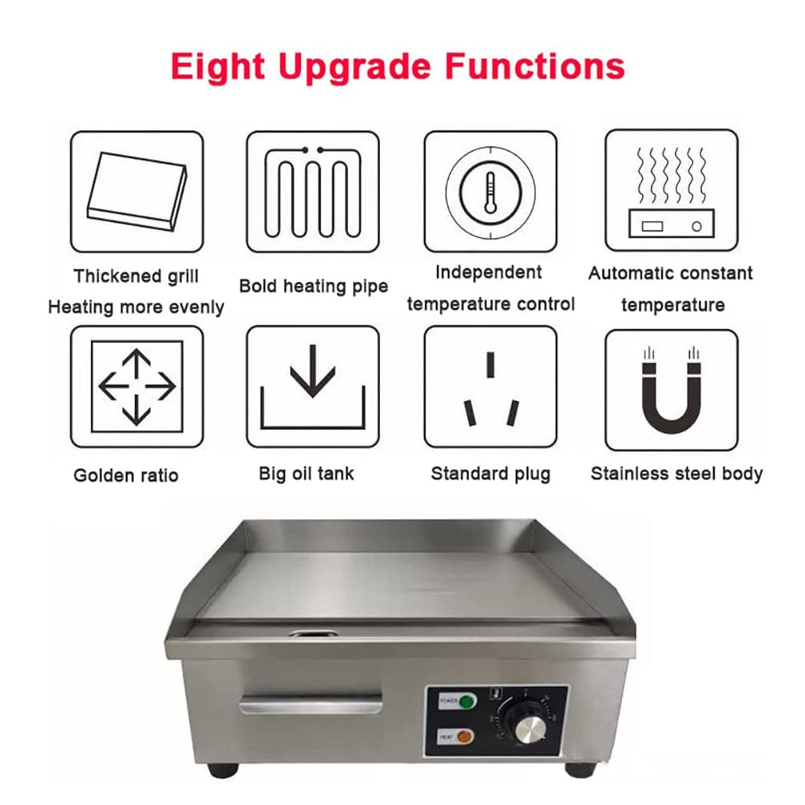 Plaque de Cuisson électrique Commerciale de 55 cm, Plaque de Cuisson électrique à Dessus Plat 1600 W ou 3000 W, Grille Antiadhésive en acier inoxydable Teppanyaki pour Restaurant,220V