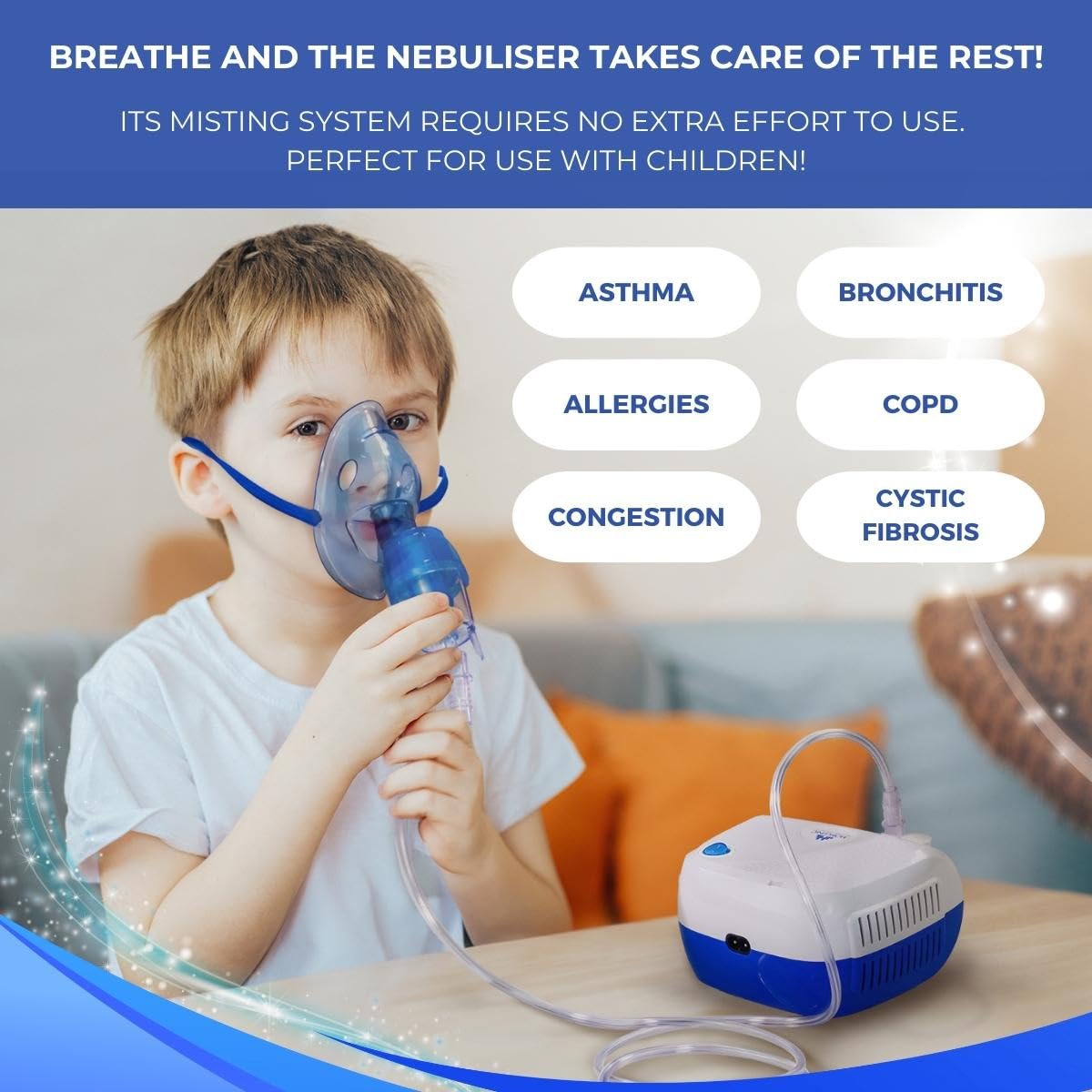 Mobiclinic, Nebulizator, Neb-2, Nebulizator dla dorosłych i dzieci, Inhalator nebulizacyjny, Przenośny, W zestawie torba transportowa, Maska nebulizacyjna dzieci dorosłych, Mini, Biał-niebieski