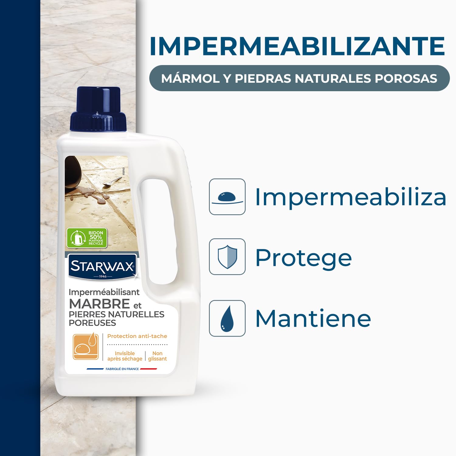 STARWAX-Impermeabilización mármol y piedra natural porosa - Protege e impermeabiliza - Eficaz contra las manchas de agua, grasa y vinagre - Fabricado en Francia - 1 l - 20 m²