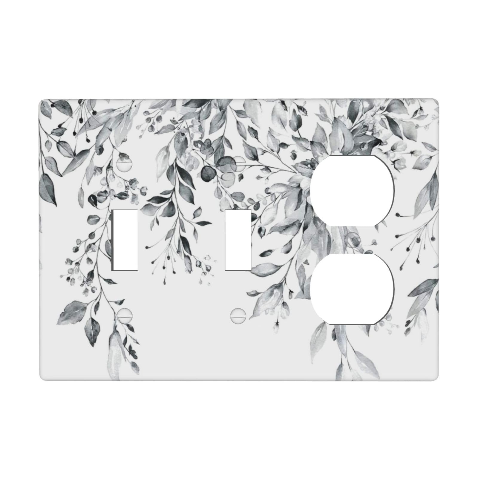 White/Grey Sage Eucalyptus Leaves 3 Gang Combination 2 Toggle 1 Duplex Receptacle Outlet Covers Light Switch Cover Combo Wallplate Decorative Faceplate
