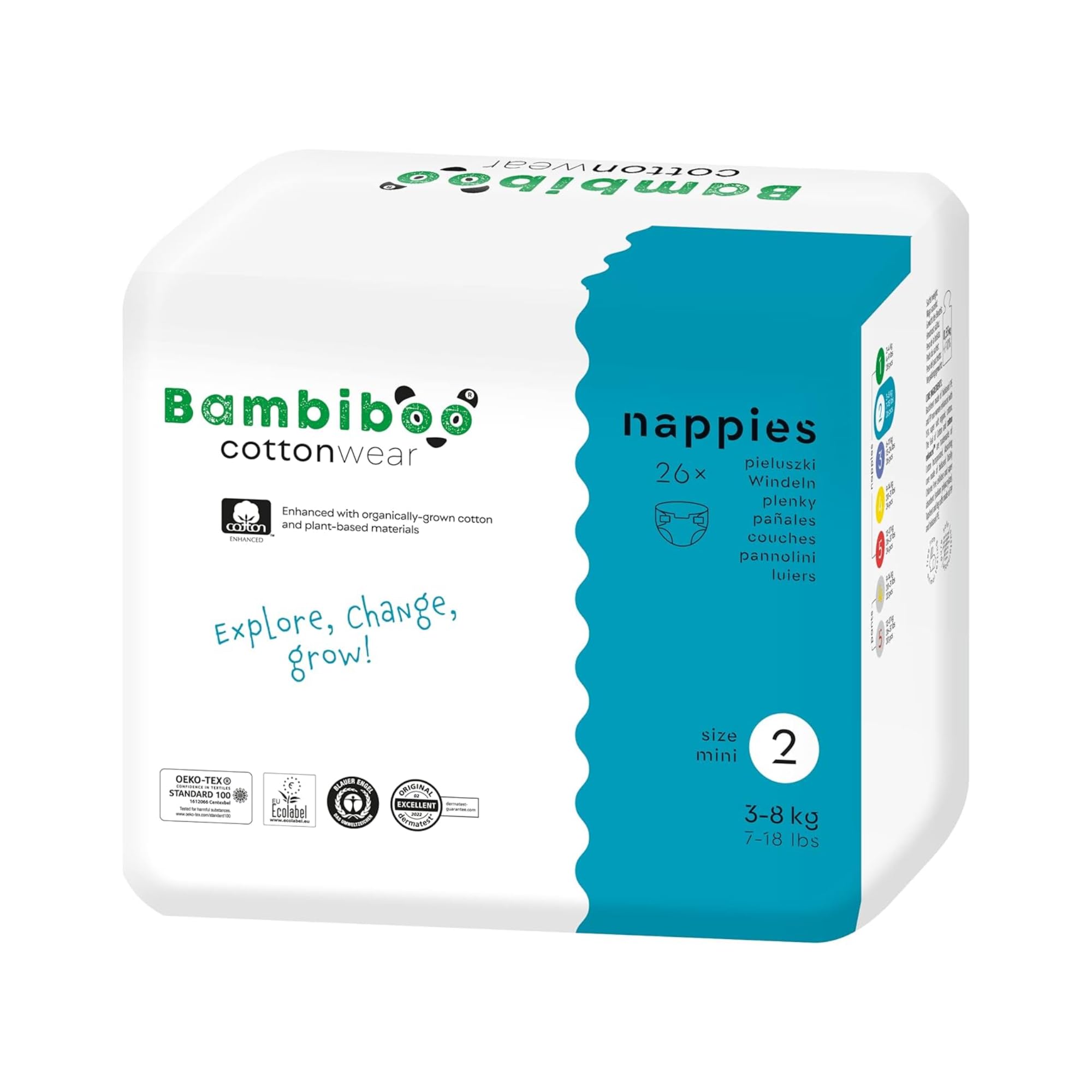 Bambiboo - COTTONWEAR Baby Windeln - Einwegwindeln - Größe 2 Mini (3-8kg) mit Nabelausschnitt - mit Bio-Baumwolle, Pflanzstoffen, Nässeindikator, 3D-Rüschen - Parfümfrei, Chlorfrei - 26 Stk