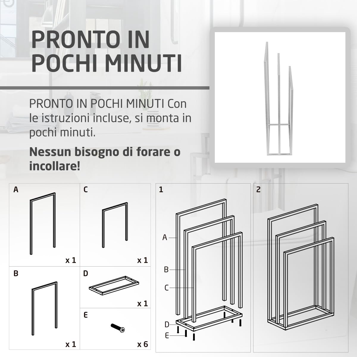 Amig - Porta asciugamani da terra cromato con 3 barre metalliche - Supporto da pavimento per asciugamani da bagno - Stile moderno con finitura lucida e base stabile - Senza fori
