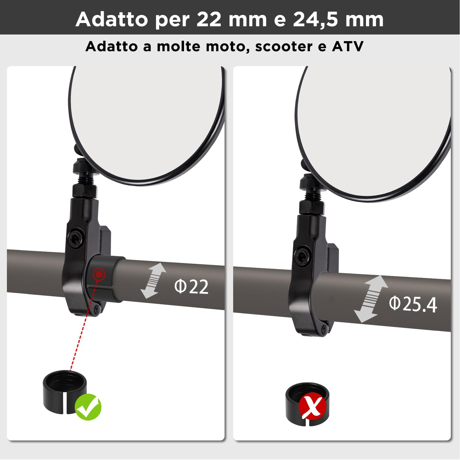 evermotor Specchietto Moto E24 Omologato Ø95 mm CNC Alluminio Regolabile 360° con Staffa a Morsetto per Manubrio 22 mm e 25,4 mm Senza Smontaggio 1 Pezzo