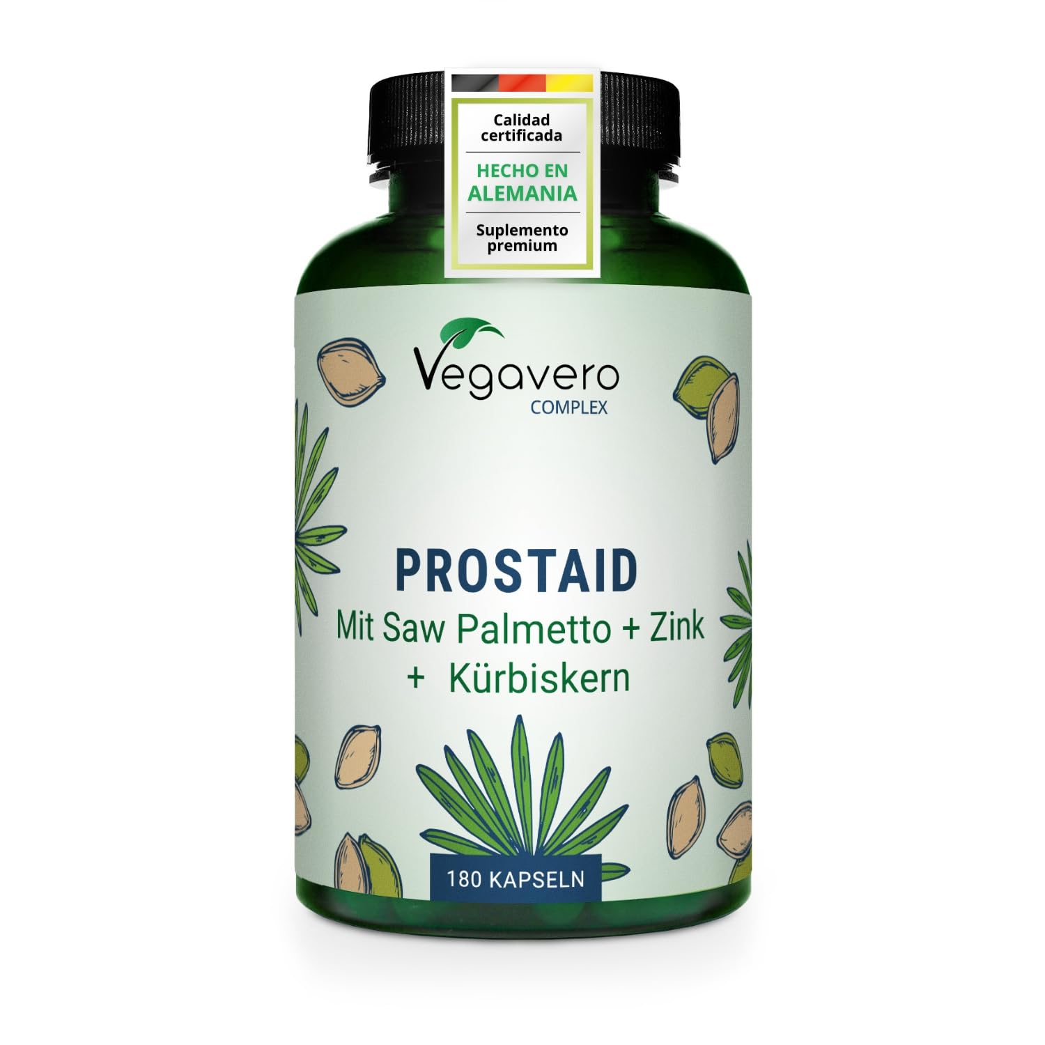 Vegavero Próstata | Saw Palmetto 5600 mg | 180 Cápsulas | Con Extracto de Calabaza, Ortiga Verde, Zinc y Selenio | Salud Vías Urinarias | Vegano y Sin Aditivos
