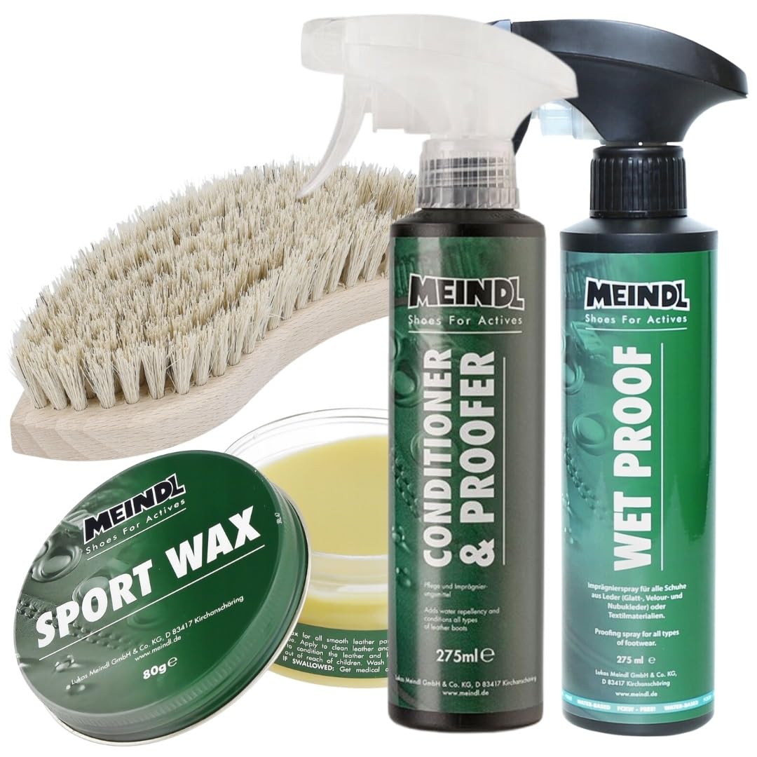 Meindl Lederpflege MegaPack – Sportwax, Conditioner & Wetproof – Imprägnierset für Wanderschuhe & Lederschuhe – Inkl. Pflegebürste – Atmungsaktiv & wasserabweisend