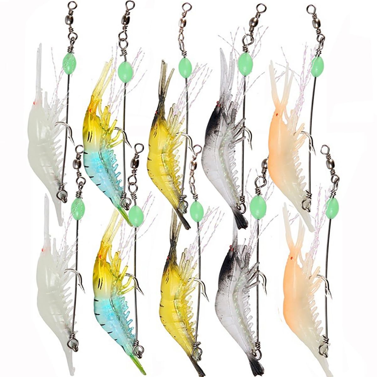 Kmucutie 10 pcs Fishing Lures Shrimp Baits Set, Premium Soft Shrimp Fishing Tackle with Luminous Sharp Hooks, for Freshwater and Saltwater
