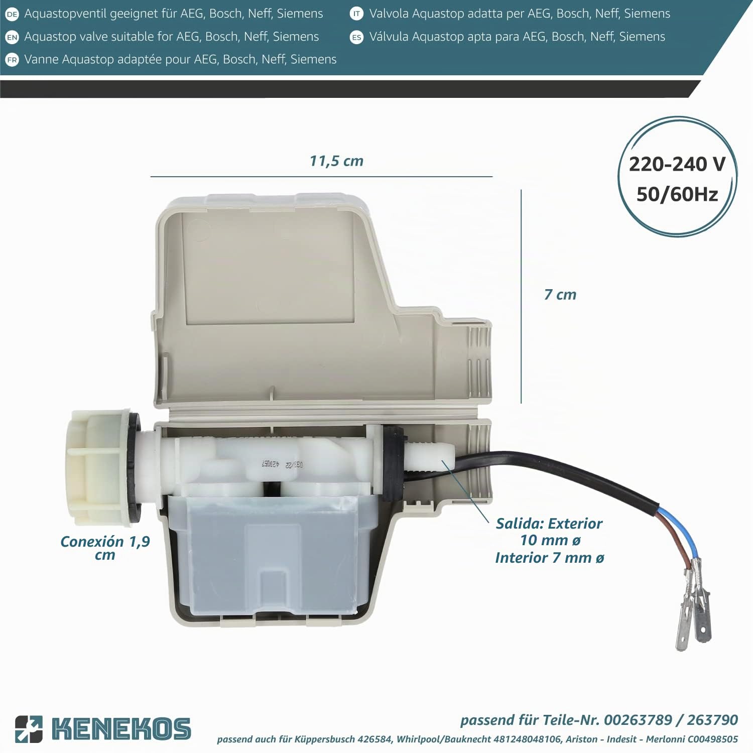 Kenekos - Kit de reparación de la válvula aquastop para la manguera aquastop, Bitron tipo 902 compatible con Bosch/Siemens, como 00263789/263789 con conexión de tornillo de 3/4 de pulgada