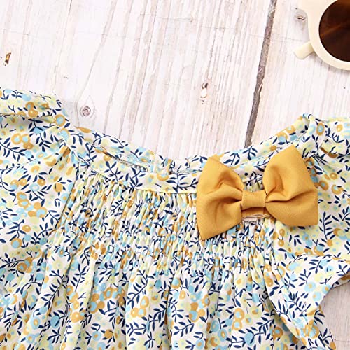 Kids Baby Girls Casual Dress Toddler Bowknot Floral Dress Wildflower Flutter Sleeve Sundress Summer Princess Dress(Yellow,2-3T(100)) #TOP3