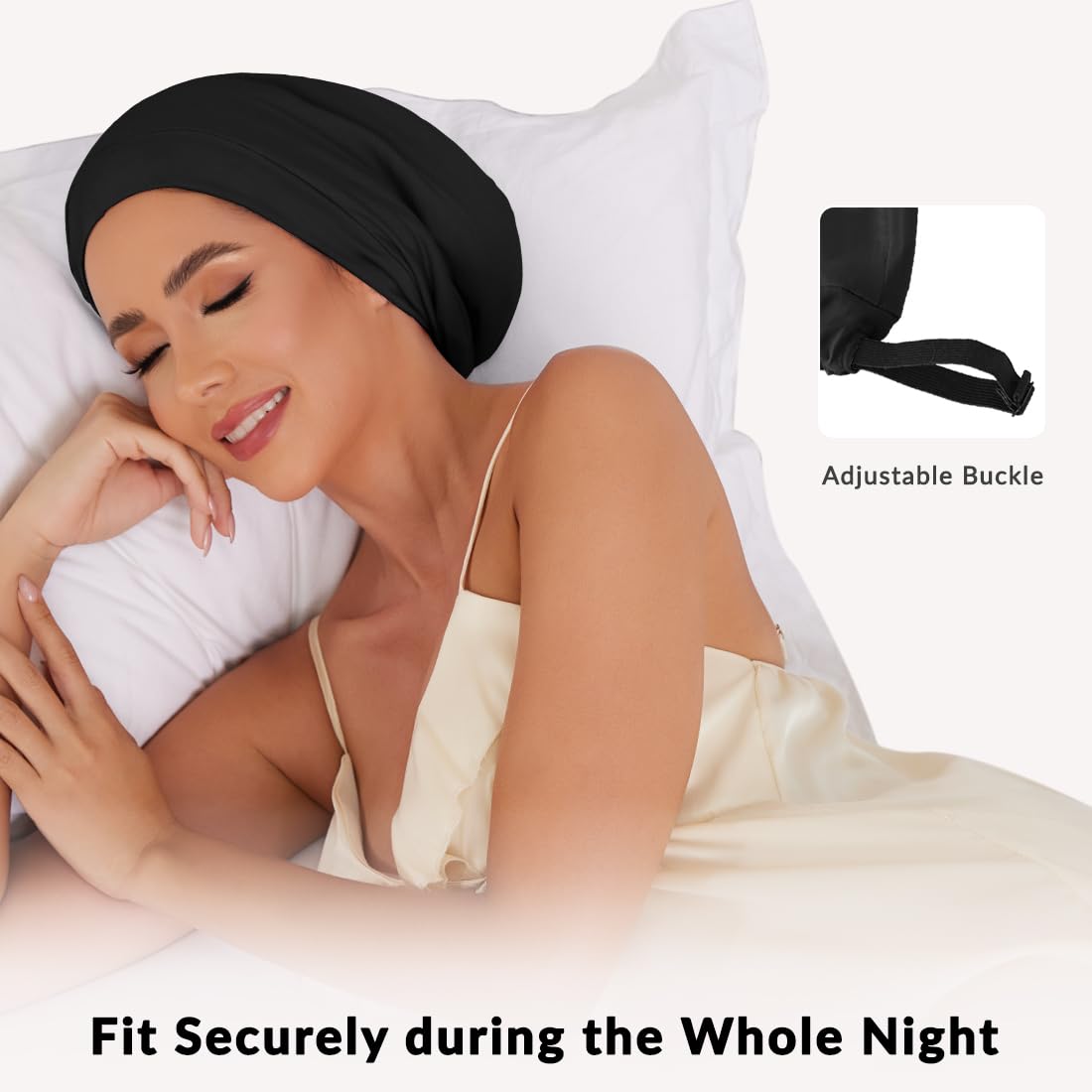 Bonnet de nuit en 100 % soie de mûrier pour femme - Bonnet de nuit en soie avec fermeture réglable - Bonnet souple à doublure en soie pour boucles et cheveux longs - Noir