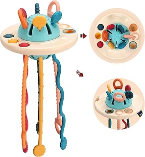 Silicone Pull String Interactive Toy Toddler Interactive Learning Development Toy Early Development Learning Silica Gel Toy Made with Safety Silicone - for Boys or Girls Age 18+ Months (Beige)