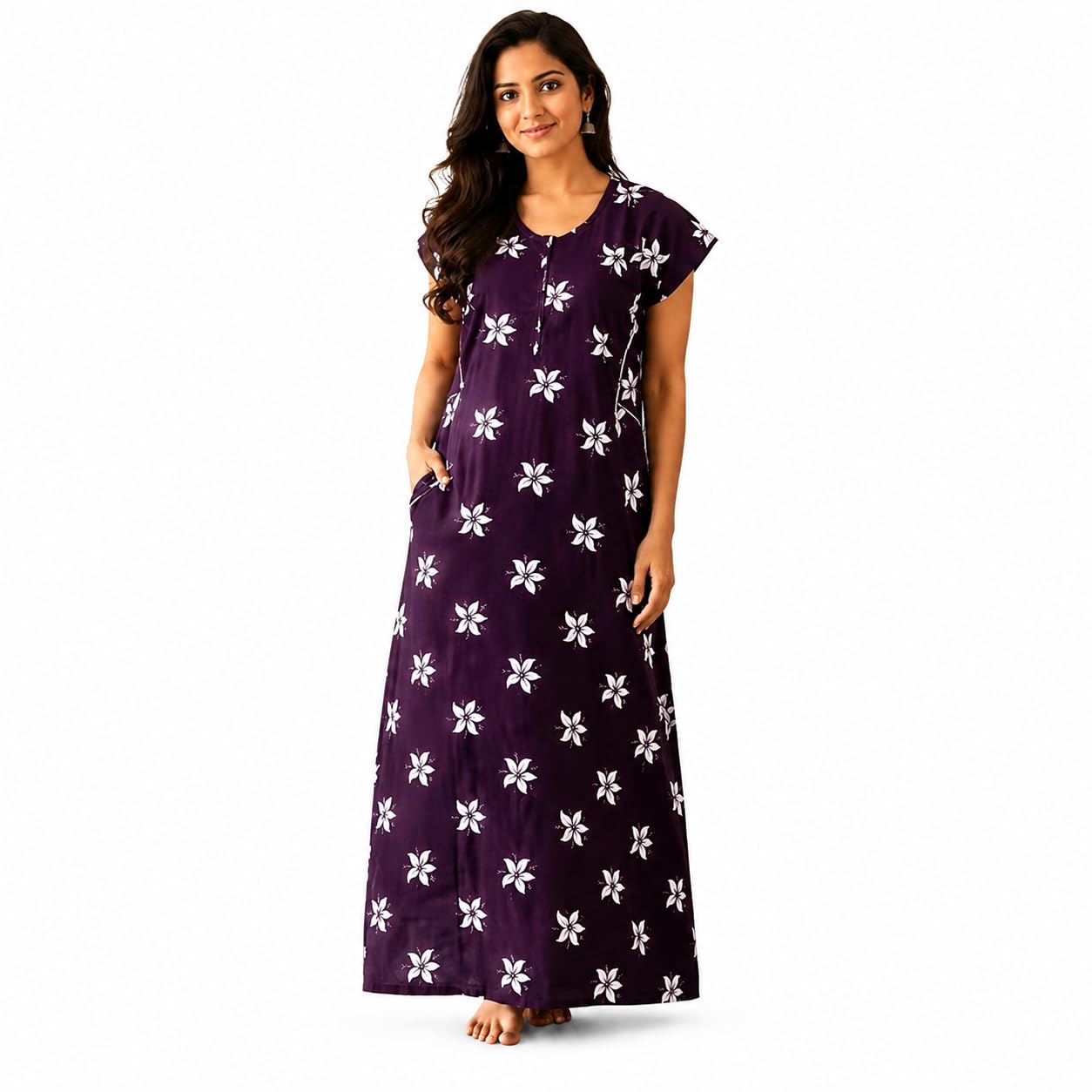 r-maxi Women's Purple Floral Print Cotton Maxi Nighty | Soft Full Length Night Gown with Short Sleeves | Breathable Sleepwear, Lounge Wear, House Dress & Daily Home Wear for Women-picture-20
