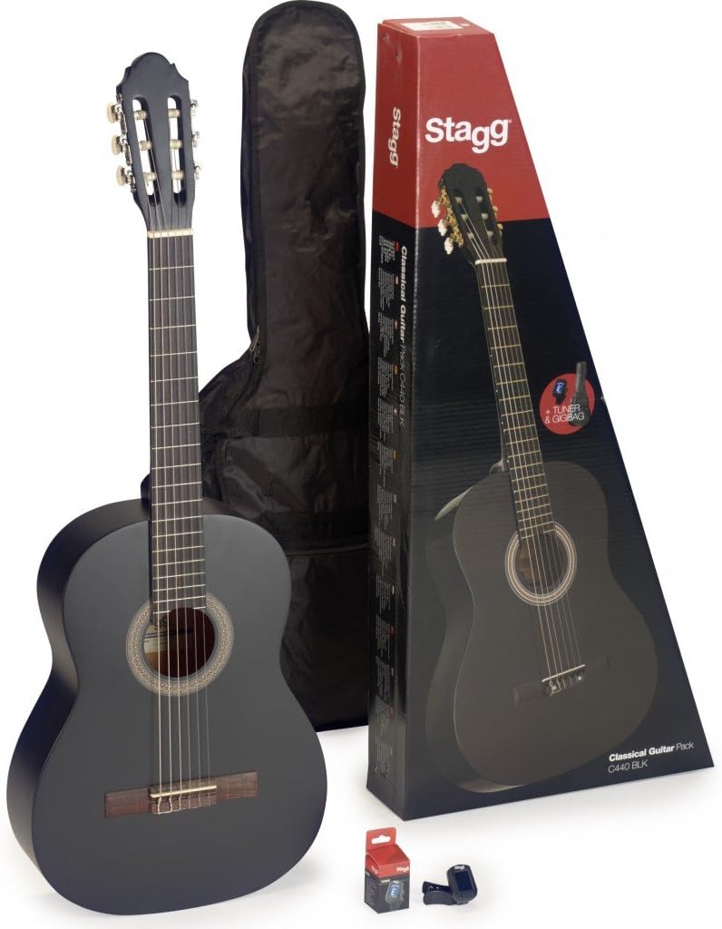 STAGG Guitar Pack with 4/4 Black Classical Guitar with Linden Top, Tuner, Bag and Colour Box