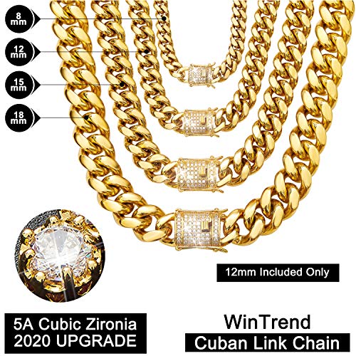 Wintrend Cuban Link Chain Necklace Or Bracelet With Bling Bling Cubic Zirconia Iced-Out Clasp For Men Boys 18K Gold Stainless Steel Hip Hop Miami Curb Chains(12Mm, 16") #TOP1