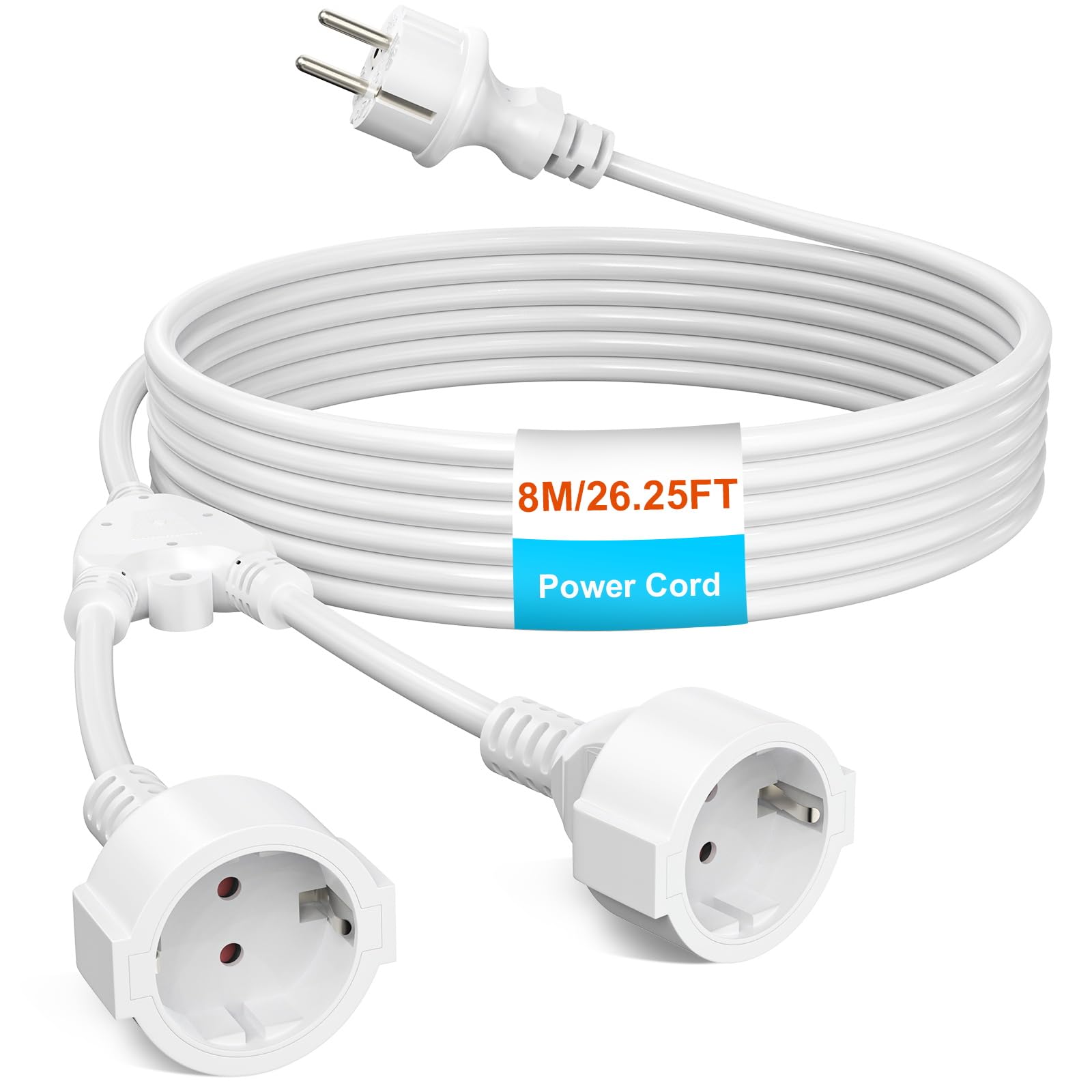 Przedłużacz z 2 gniazdami Schuko, przedłużacz 8 m, ochrona przed dotykiem, IP20, 1 mm², 250 V, 16 A, 3680 W, biały
