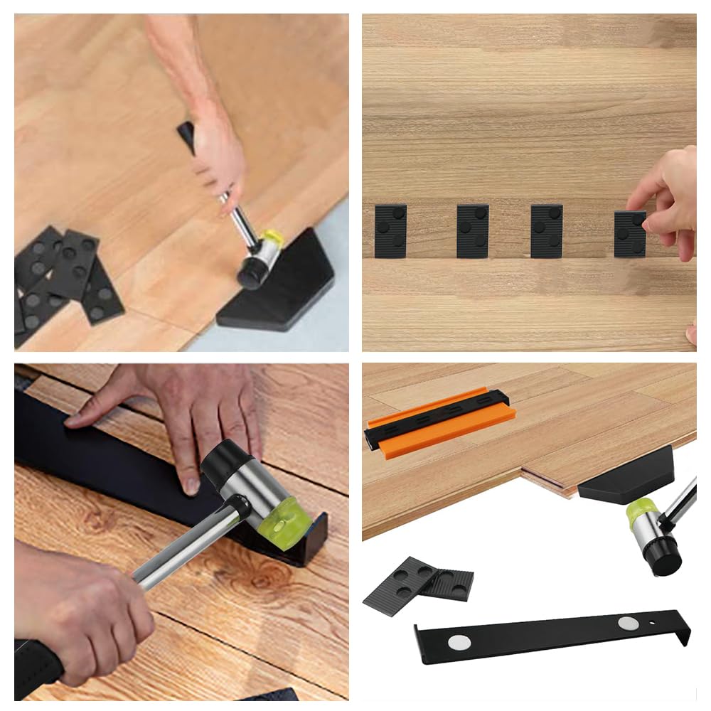 Laminatboden Kit und Konturenlehre mit Feststeller 45 Stück, Vinylboden Verlegeset Laminat Holzfußboden Installations Set, mit 40 Montagekeile, Hammer, Schlagklotz, Zugeisen, für Laminat Parkett