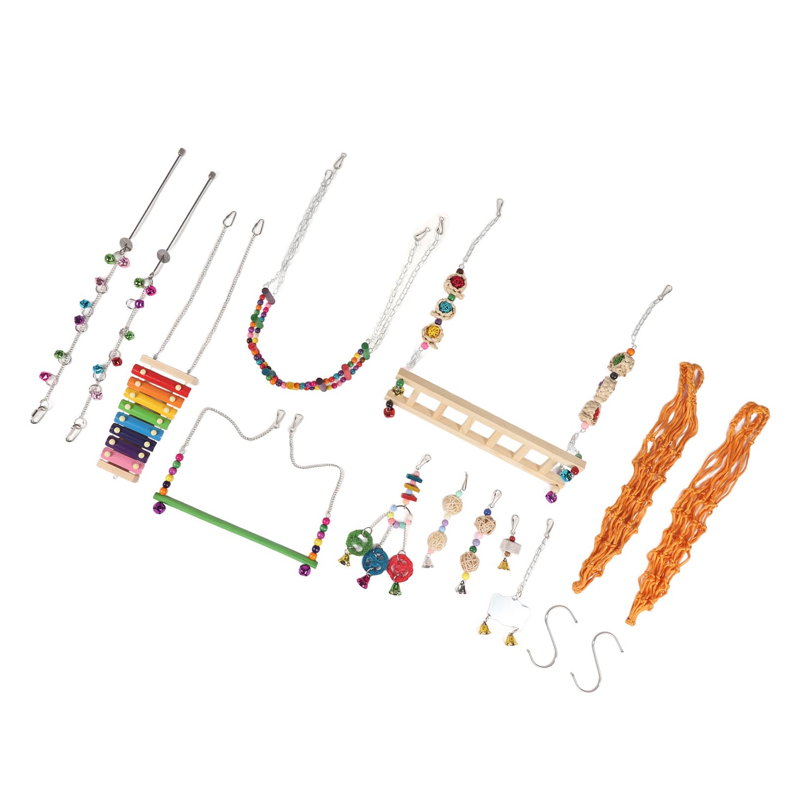 12-teiliges Hühnerstall-Spielzeug, bunte Leier, Schaukel, Hängebrücke, Leiter, Obstgabeln, Spiegel, Rattan-Kugelschnur-Set