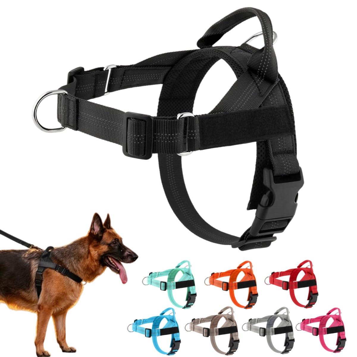 No Pull Dog Harness, Front Clip Adjustable Pet Vest, Breathable Soft Padded Material, Neck & Chest Adjustable, Heavy-Duty D-Ring, Reflect-Stitching, Sturdy Handle, for Small To Large Dogs (1pc-BK, S)