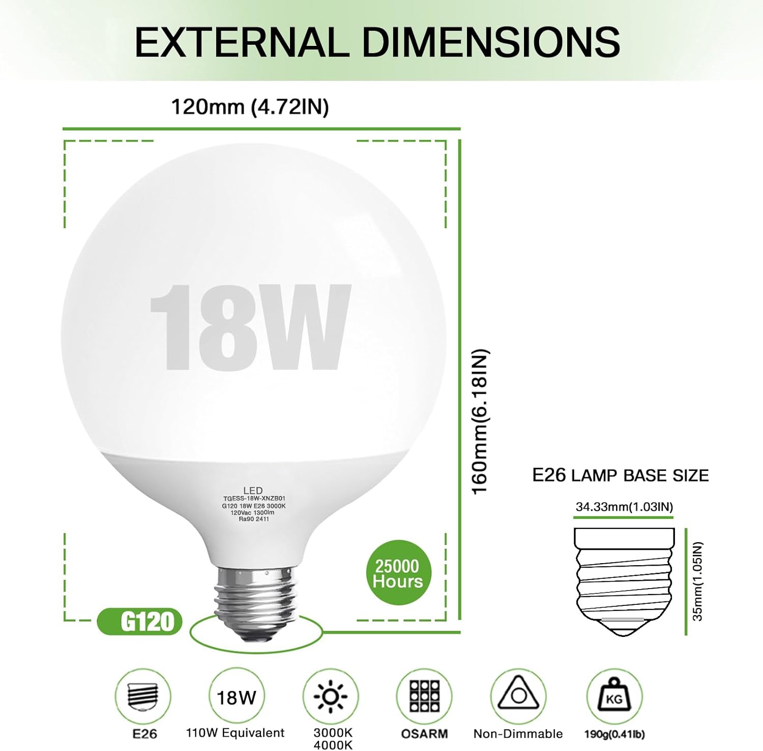 LED Light Bulb,G120 Globe Bulb,18W (200W Equivalent) Globe Light Bulbs,Warm White 3000k Led Bulb,Non-Dimmable,E26 Base Large Decorative Lamp,1800 Lumer, for Indoor Room Lighting Globe Light