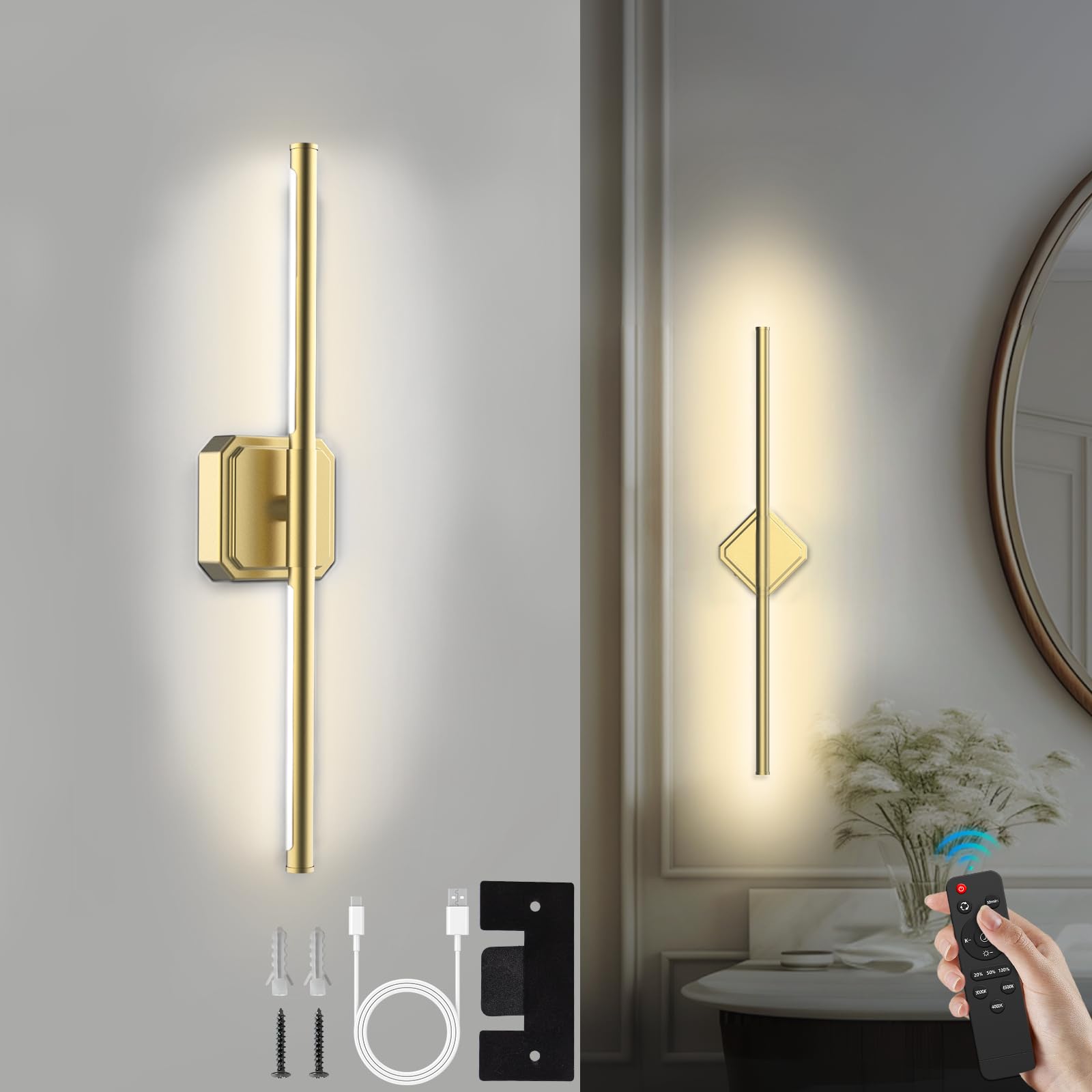 Rechargeable Wall Sconce Lights, Wireless USB Battery Operated Wall Lights 3 Color Temperature, 360°Rotation, Dimmable Wireless with Remote Control 70CM for Living Room, Bedroom Hallway（1 Pack Gold）
