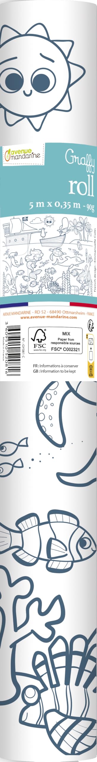 Avenue Mandarine - Ref GY081C - Graffy Roll 5m Colouring Poster - Pirates & Mermaids - 90gsm Drawing Paper, 50cm Design Repeated 10 Times, Ideal for Group Activities