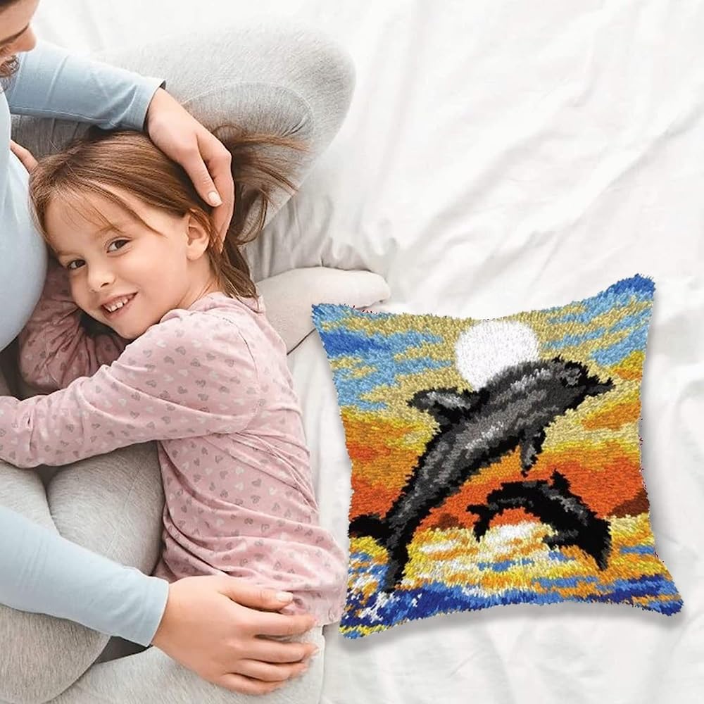 JILIP Kit Ganci di Chiusura per Adulti, Set di Tartarughe con Copertura per Cuscino Delfino Marino Fai da Te, Kit Artigianali per Federa per Cuscino in Filato per Divano, 17 * 17" (Color : Dolphin)