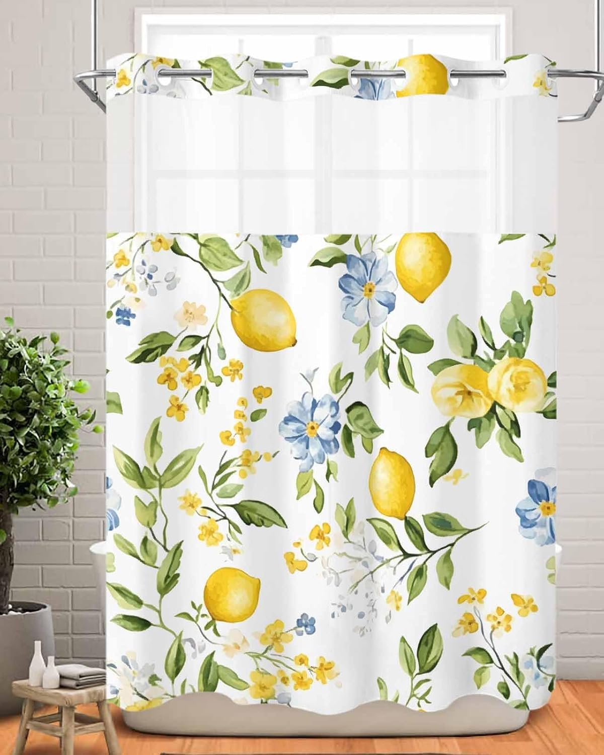 No Hooks Shower Curtain and Snap-in Liner Sets 60"x72",Summer Farm Lemon Flower Leaf Waterproof Fabric Bath Curtain Double Layers Shower Curtains for Bathroom Hotel,Spring Fruit Plant on White