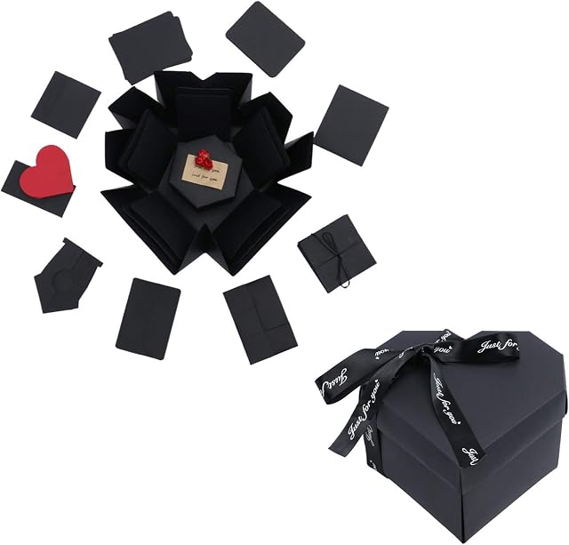 Explosion Box Heart Shaped Surprise Box Gift With 5 Faces DIY Scrapbook Photo Album Folding Gifts Boxes Handmade Gift Memory Box Birthday Valentines Wedding Anniversary for Lovers (Black )
