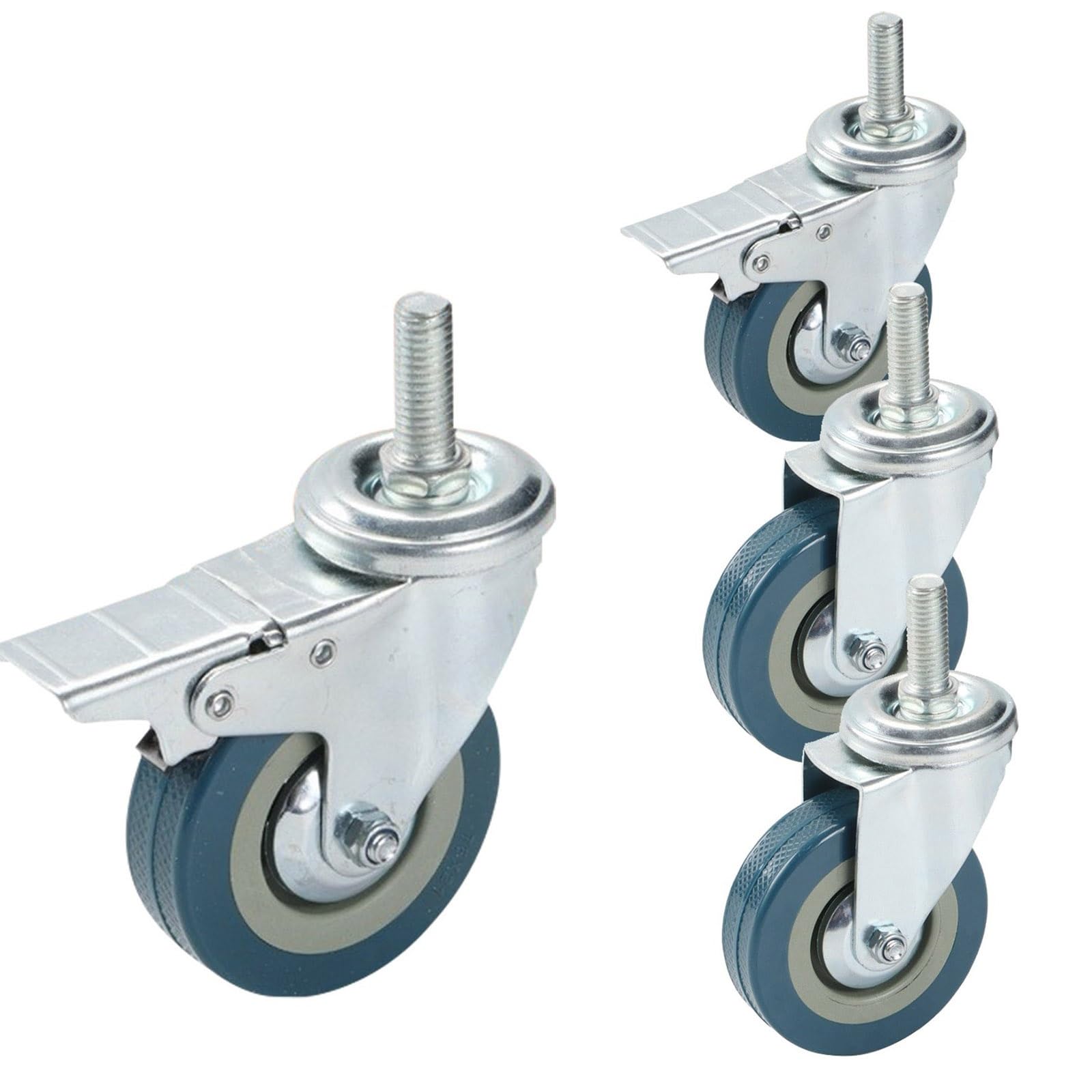 Schwerlast-Lenkrollen 65 75 mm, 4 geräuscharme Räder mit Bremse M10 M12, Tragkraft je 80 kg, verschleißfeste, feststellbare Rollen für Möbel und Werkbänke