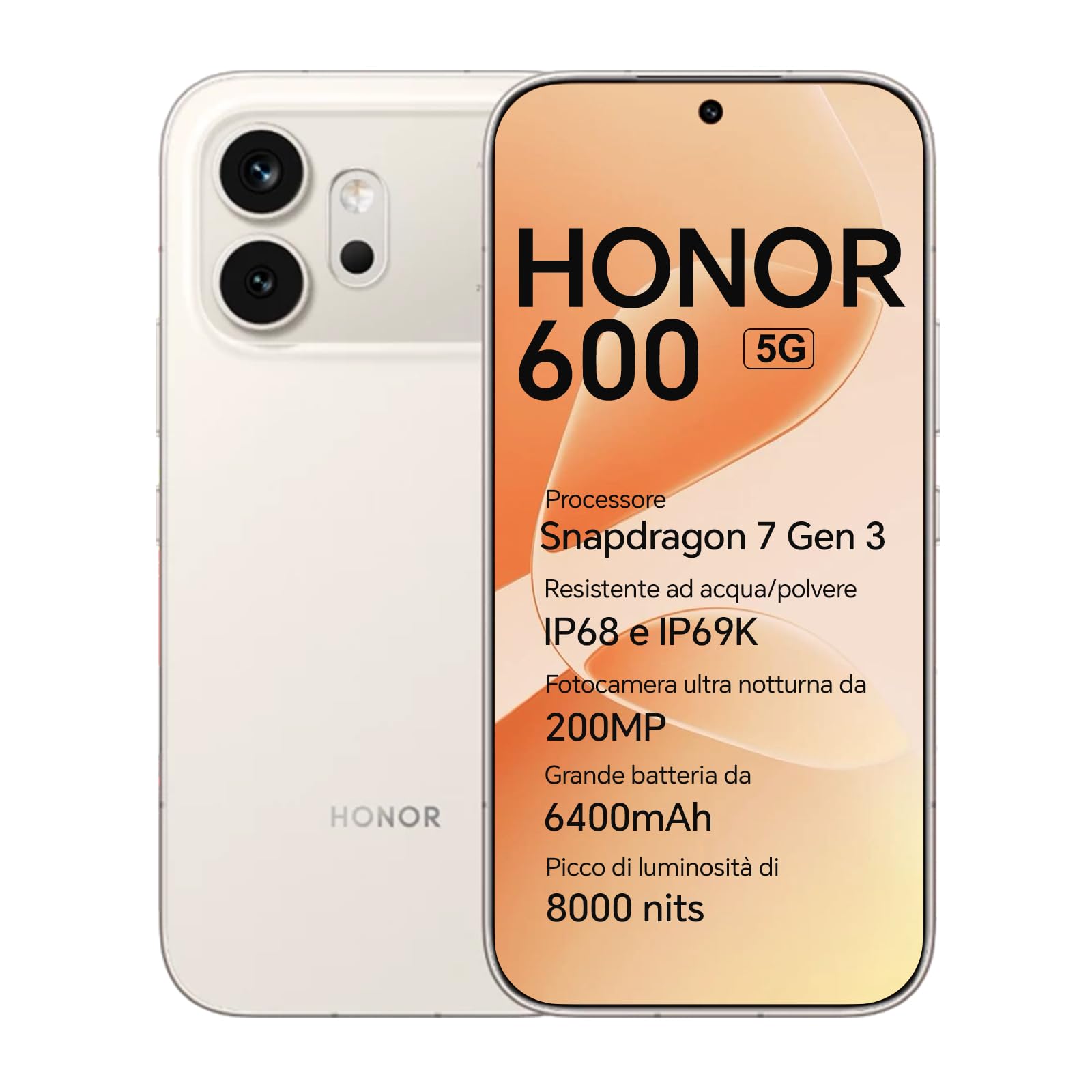 HONOR 600 5G Smartphone, Pantalla AMOLED 6,57" 120Hz, Cámara 200MP, Batería 6400mAh, Carga 80W, IP68/IP69K (Golden White, 512, GB, 8, GB)