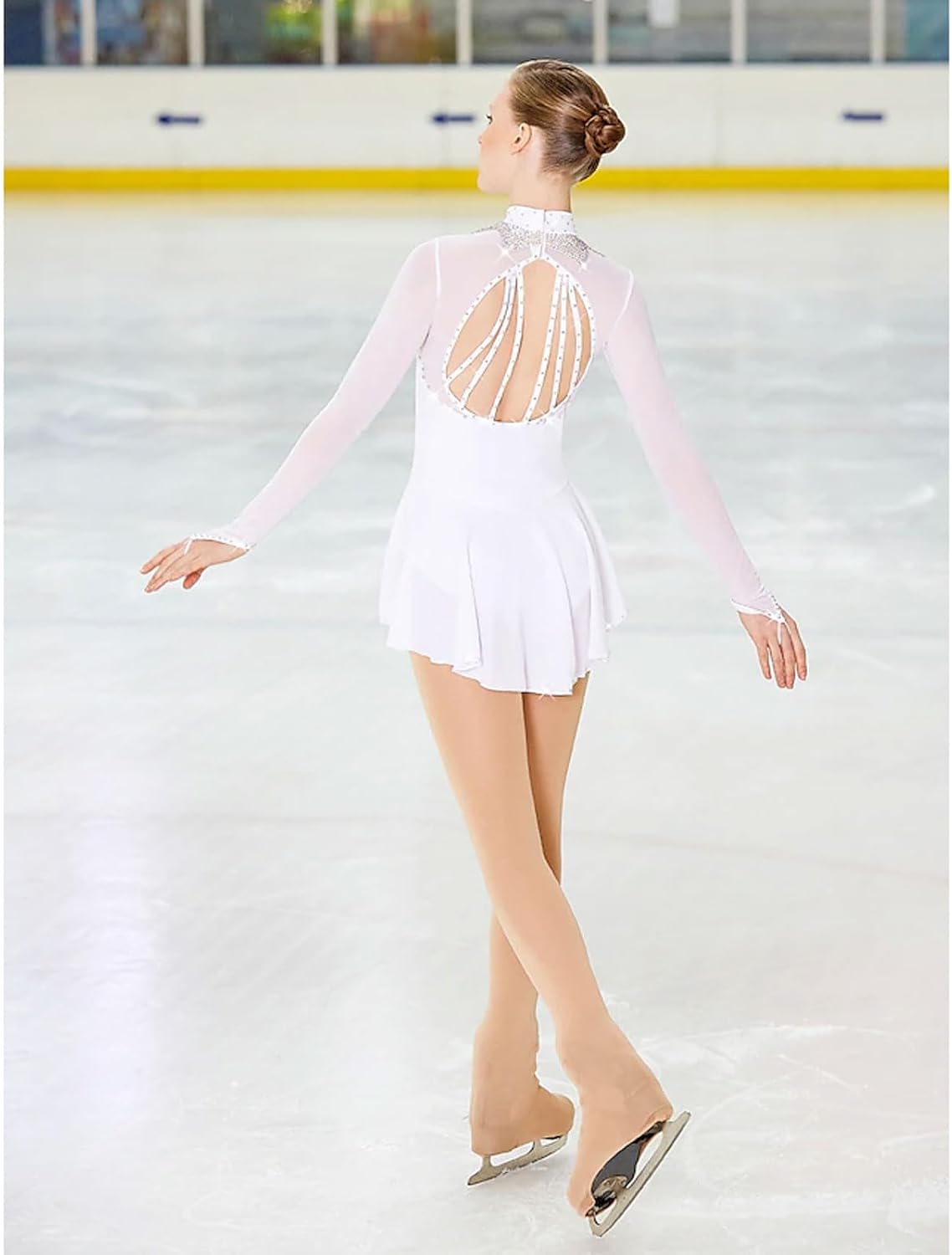 Figure Skating Dress Girls' Ice Skating Competition Outfit White Ballet Gymnastics Costumes Crystal Roller Skirt