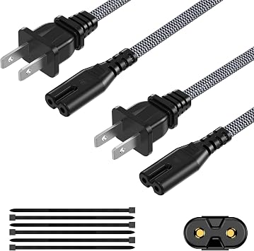 AC Power Cord 30FT 2 Pack, 2 Prong TV Power Cord, Nylon Braid Cable Replacement for Xbox One, PS3, PS4, PS5, Compatible for Printer, Monitor, Sound Bar, Game Console