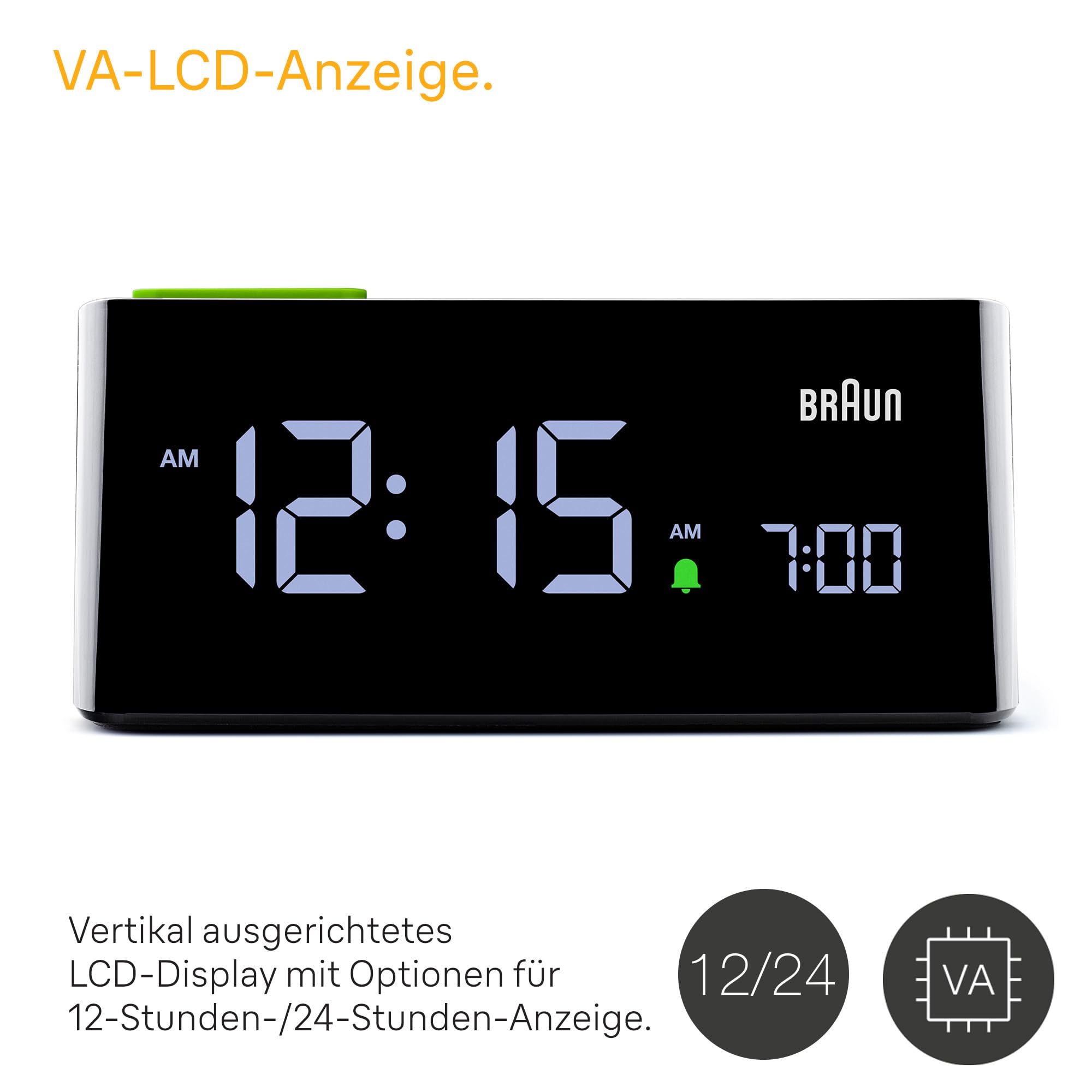 Braun Digitaler Wecker mit LCD-Display, Schlummertaste, Quick Set, automatisch anpassbare Display-Helligkeit, Signaltonalarm, in Schwarz, Modell BC16BEU.