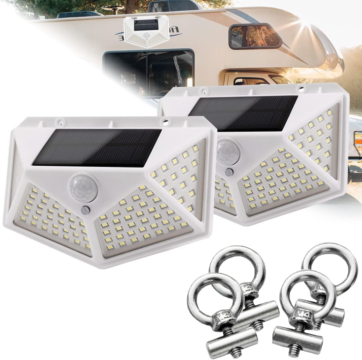 JUTTAUTO 2pcs Caravan Awning LED Lights Solar 100LED Motorhome Porch