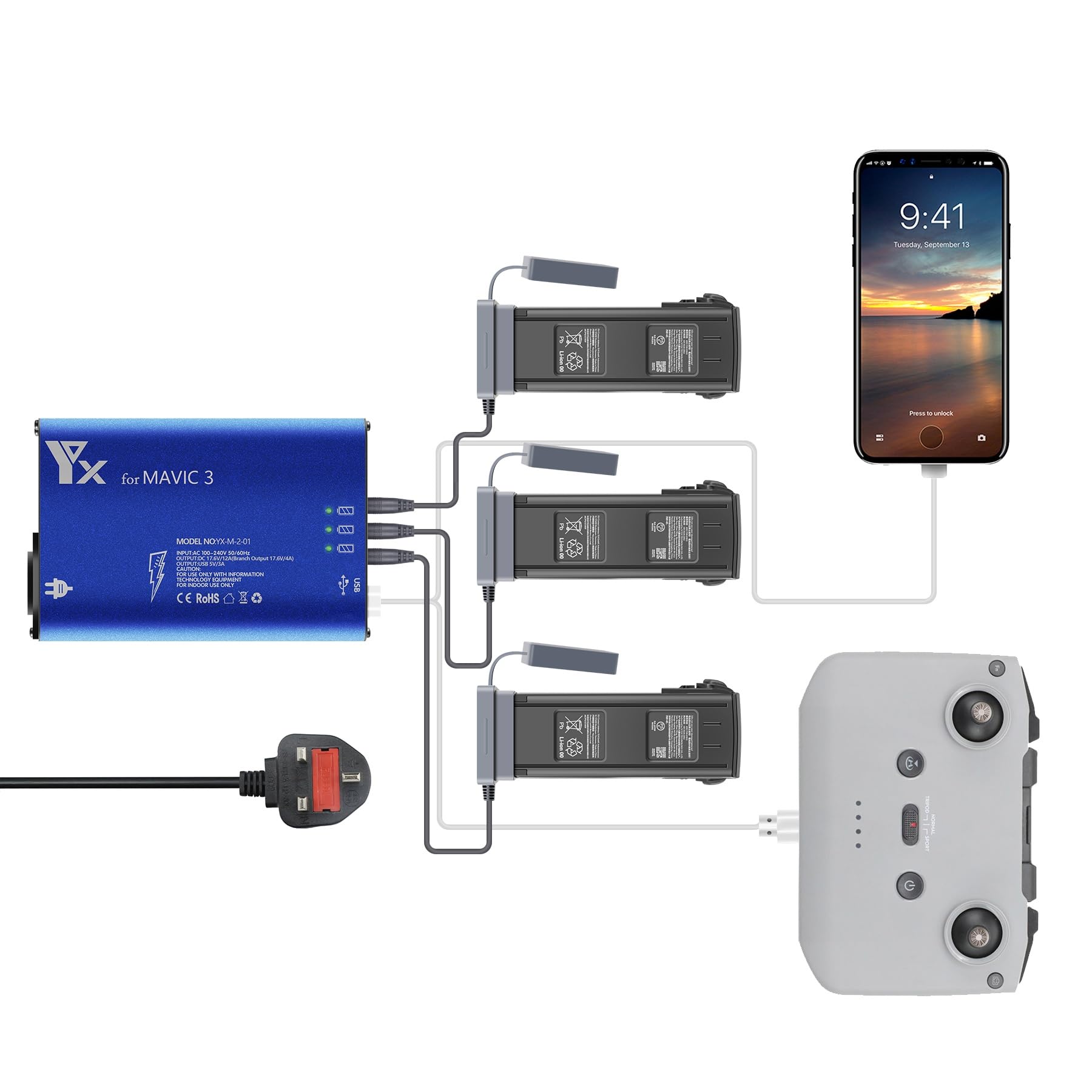 5 in 1 Parallel Multiple Battery Charger Intelligent Rapid Charger Compatible with Mavic 3 Pro Mavic 3 Cine