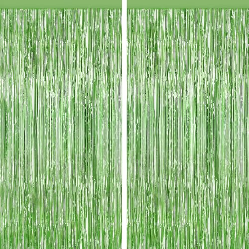 YEURFONTASY Light Green Tinsel Backdrop Foil Fringe Curtains - 2 Packs Door Streamers Backdrop for Birthday Door Decorations Party Supplies for Bachelorette Graduation Christmas Disco Decor
